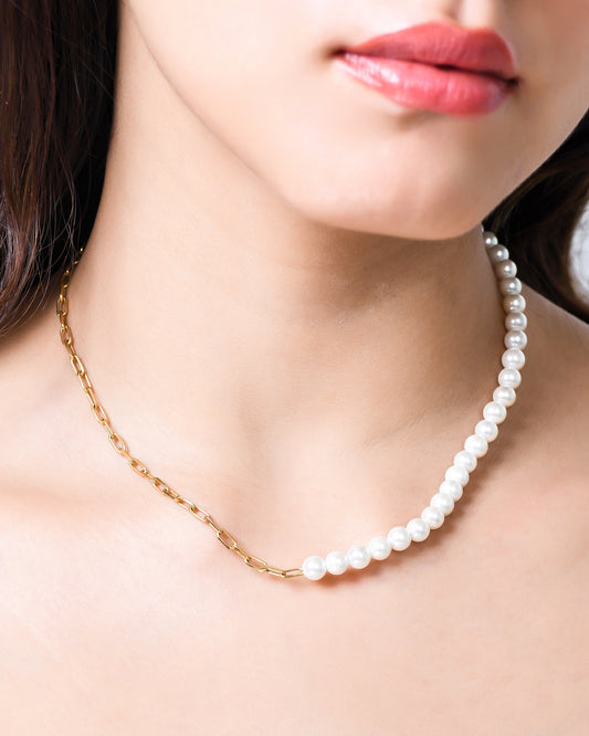 Half Pearl & Chain Style Necklace